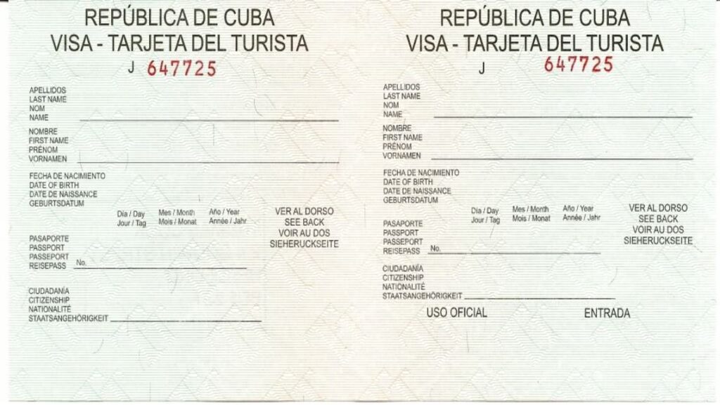 Tarjeta Visa de Turista para viajes a cuba
